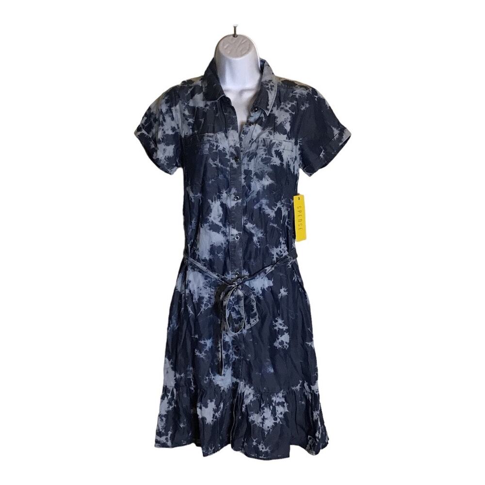 Spense Women Tie Dye denim Dress Sz. Sm button front Ruffle bottom NWT